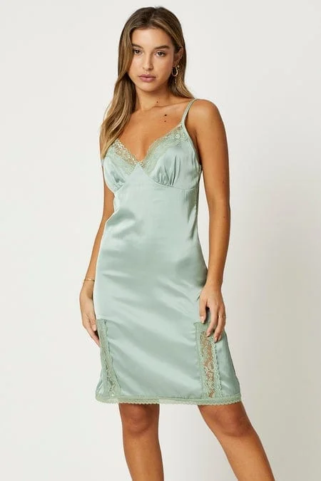 Black Satin Slip Dress with Adjustable Straps -Women's Satin Slip Dress for Holiday Events -Green Lace Trim Slip Dress