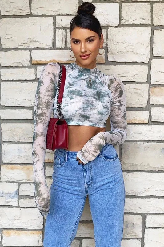 Women's All-day Top -Green Marble Ruched Inside Mesh Crop Top - Mally