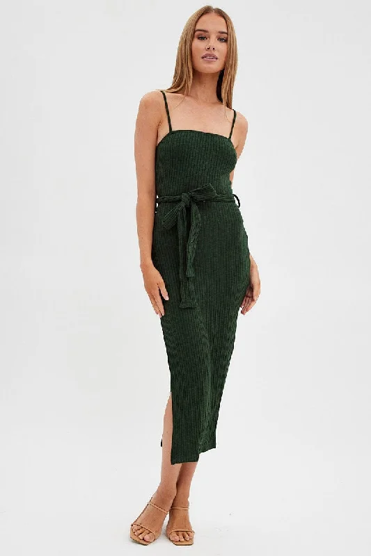 Women's Short Bodycon Dress for Summer -Green Maxi Dress Bodycon Tie Belted Rib