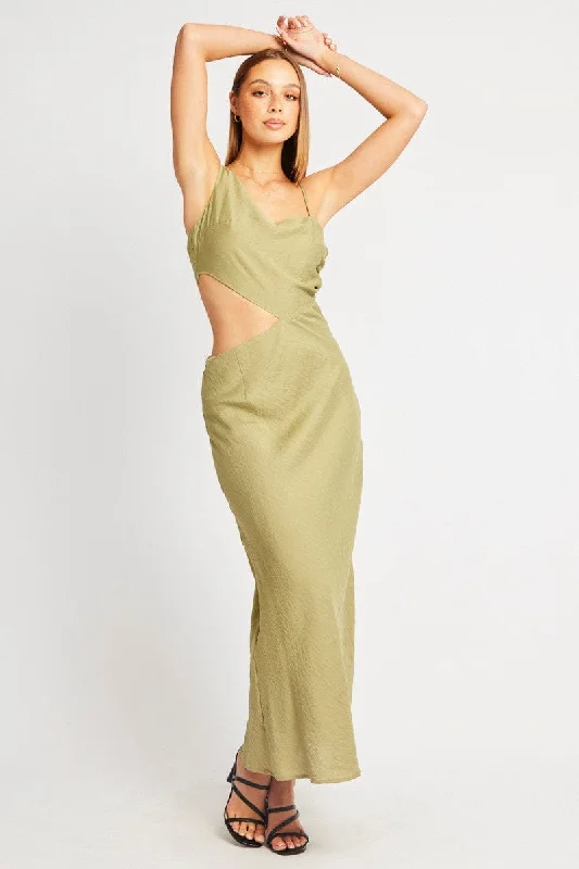 Women's Casual Summer Maxi Dress-Green Maxi Dress Cut Out Detail