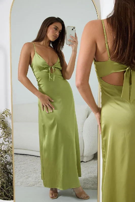 Women's Stretchy V-neck Maxi Dress-Green Maxi Dress Cut Out Satin