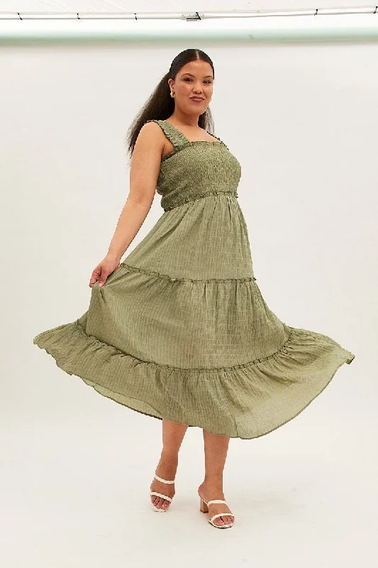 Women's Beach Maxi Dress-Green Maxi Dress Gather Shoulder Sleeveless Textured