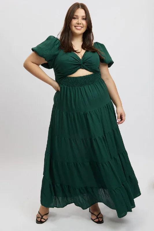 Women's Straight-cut Maxi Dress-Green Maxi Dress Short Sleeve Twist Front