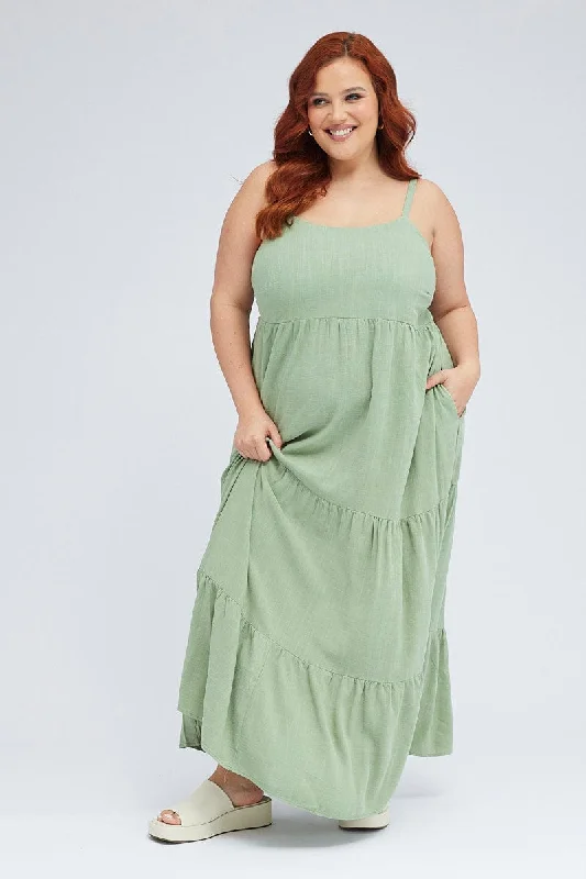 Women's V-neck Maxi Dress-Green Maxi Dress Sleeveless Tiered Linen Blend