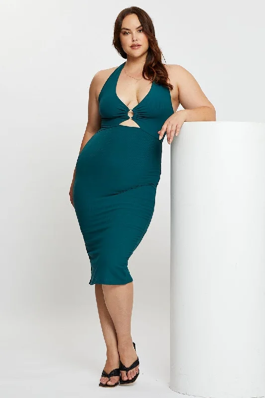 Bodycon Dress with Button Details -Green Midi Bodycon Dress Halter Jersey
