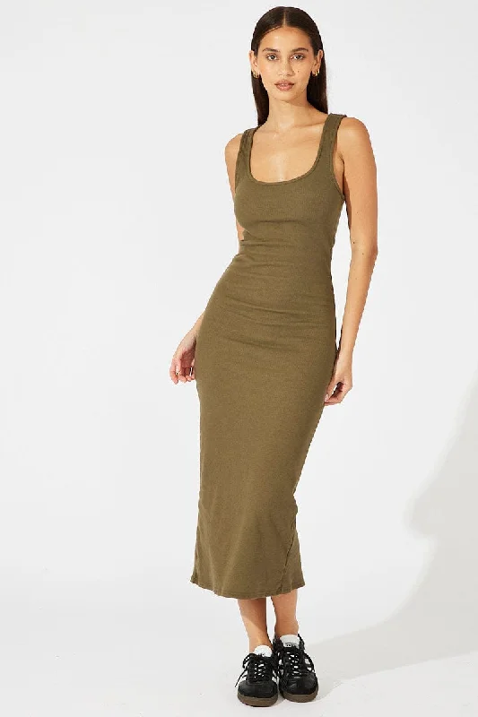 Women's Evening Bodycon Dress -Green Midi Dress Sleeveless Bodycon Rib