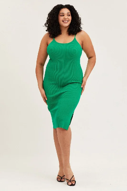 Bodycon Dress with Zipper Back -Green Midi Knit Bodycon Dress Scoop Neck Sleeveless