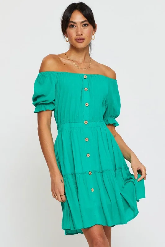 Women's Dress with Frill-Green Mini Dress Off Shoulder Linen