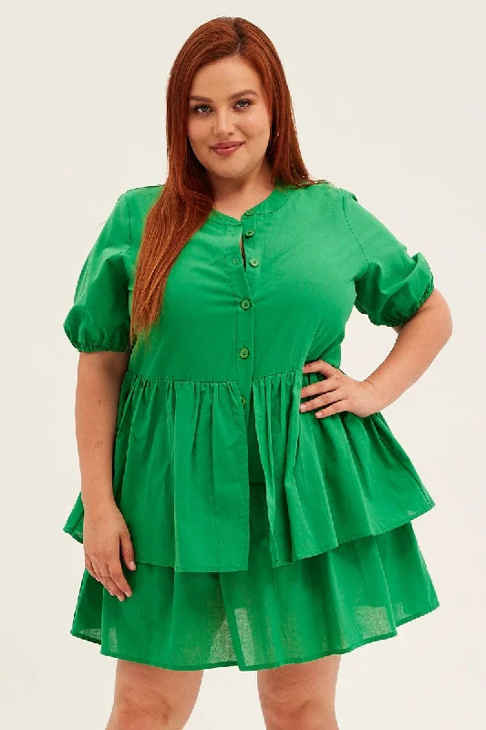 Women's Checkered A-line Shirt Dress-Green Mini Shirtdress Frill Layer Cotton Linen Blend Women's Checkered A-line Shirt Dress-Green Mini Shirtdress Frill Layer Cotton Linen Blend