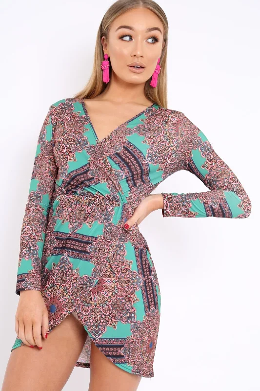 Simple Wrap Dress with A-line Skirt -Off-shoulder Wrap Dress for Formal Event -Green Paisley Print Slinky Wrap Dress - Denise Simple Wrap Dress with A-line Skirt -Off-shoulder Wrap Dress for Formal Event -Green Paisley Print Slinky Wrap Dress - Denise