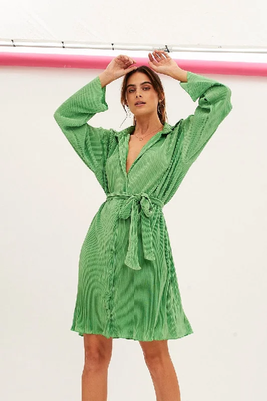 Stylish Belted Shirt Dress-Green Plisse Shirt Dress Front Button