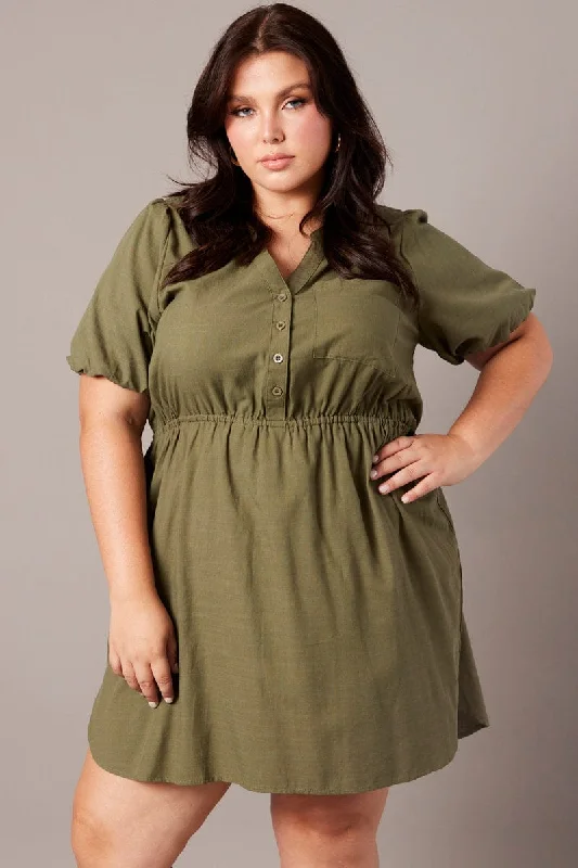 Printed Short Sleeve Shirt Dress-Green Puff Sleeve Curve Hem Shirt Dress