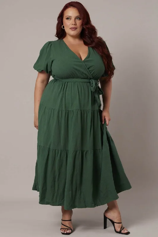 Formal Wrap Dress with Soft Fabric -Wrap Dress for Vacation Travel -Green Puff Sleeve Faux Wrap Linen Blend Dress Formal Wrap Dress with Soft Fabric -Wrap Dress for Vacation Travel -Green Puff Sleeve Faux Wrap Linen Blend Dress