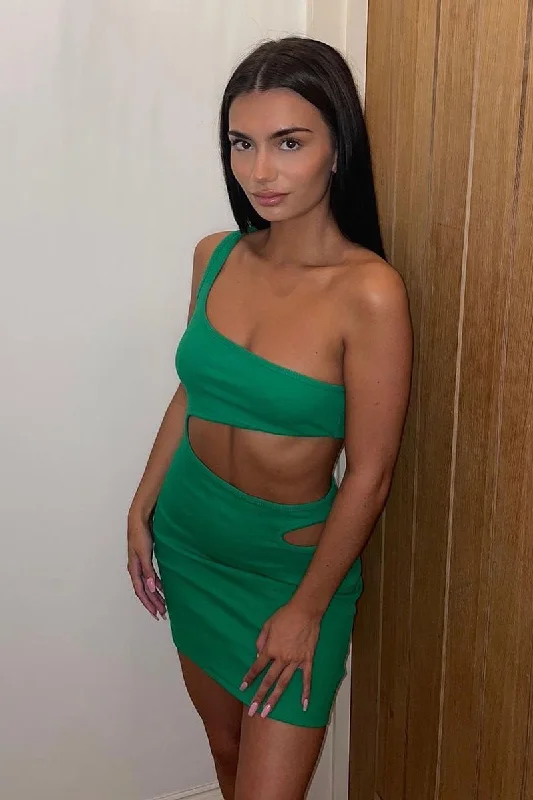 Women's Stretchy Bodycon Mini Dress-Green Rib One Shoulder Side Cut Outs Mini Dress - Noelle Women's Stretchy Bodycon Mini Dress-Green Rib One Shoulder Side Cut Outs Mini Dress - Noelle