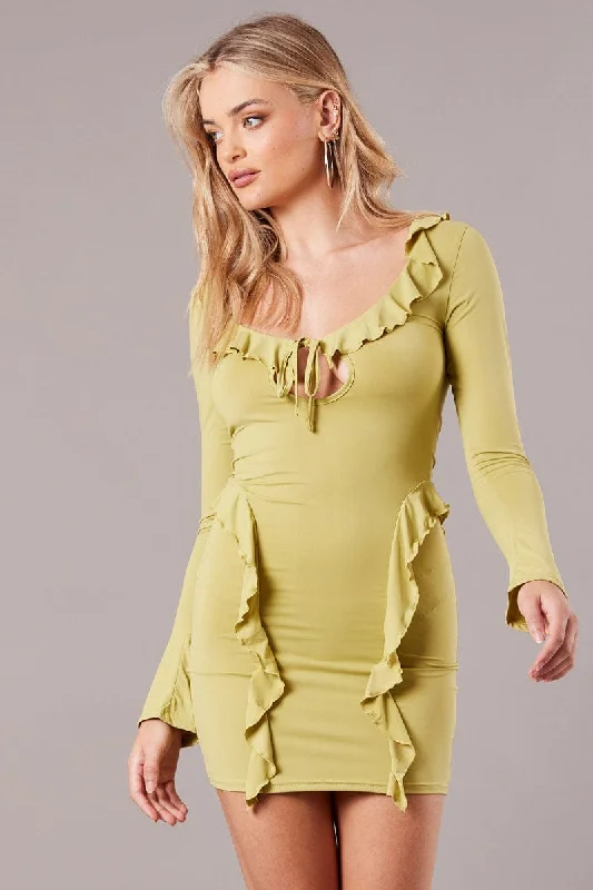 Women's Bodycon Dress with Mesh Skirt -Green Ruffle Mini Dress Bell Cuff Bodycon Dress