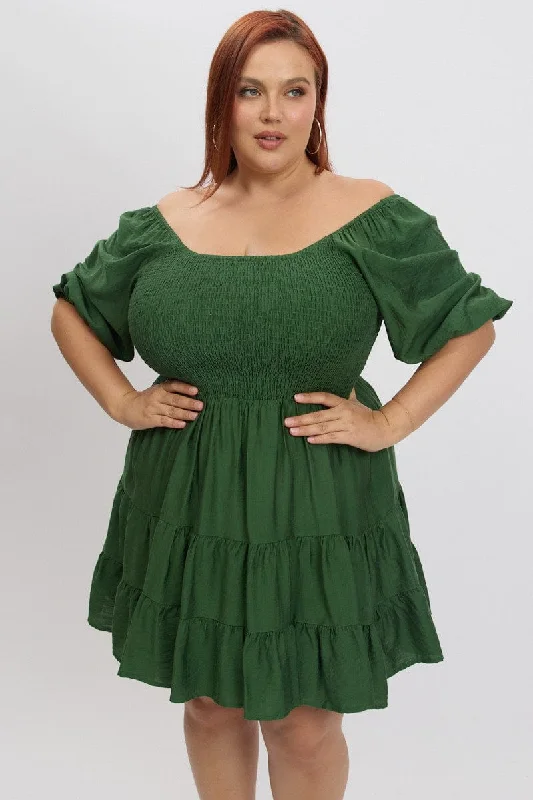 Women's Batwing Back Mini Dress-Green Shirred Bodice Puff Sleeve Tiered Mini Dress