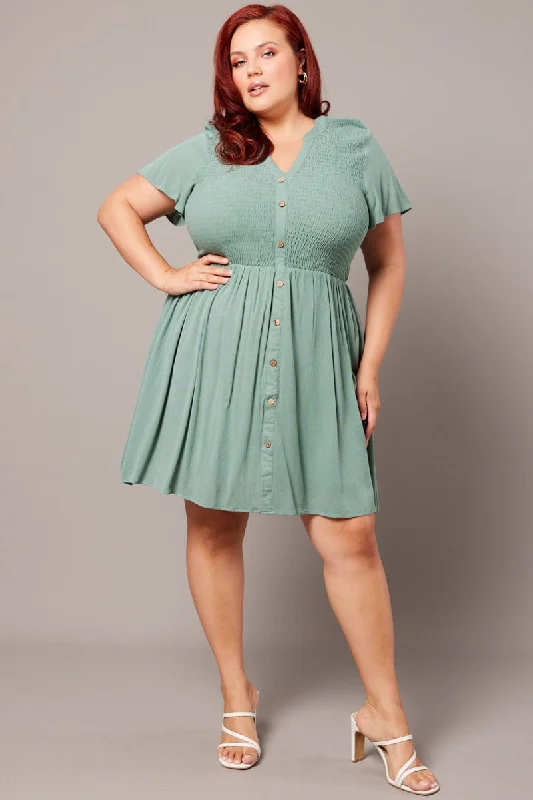 Women's Lace Shirt Dress-Green Shirred Mini Shirtdress