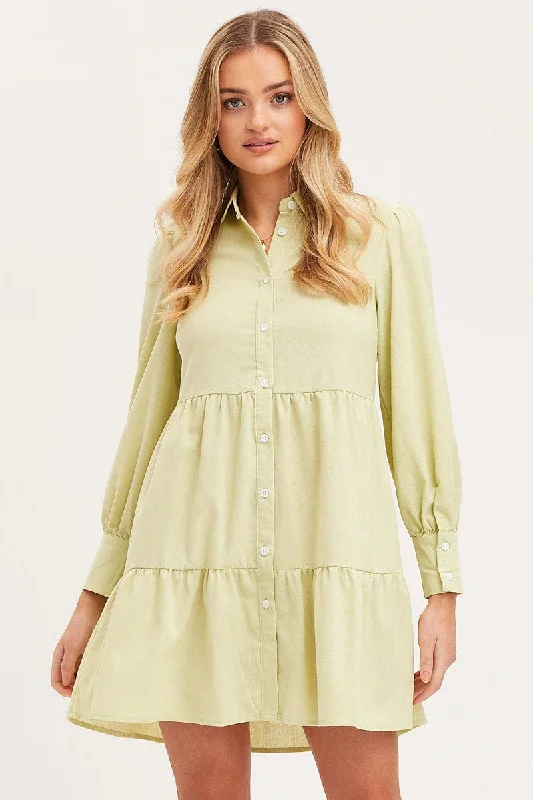 A-line Denim Shirt Dress-Green Shirt Dress Long Sleeve Button Front