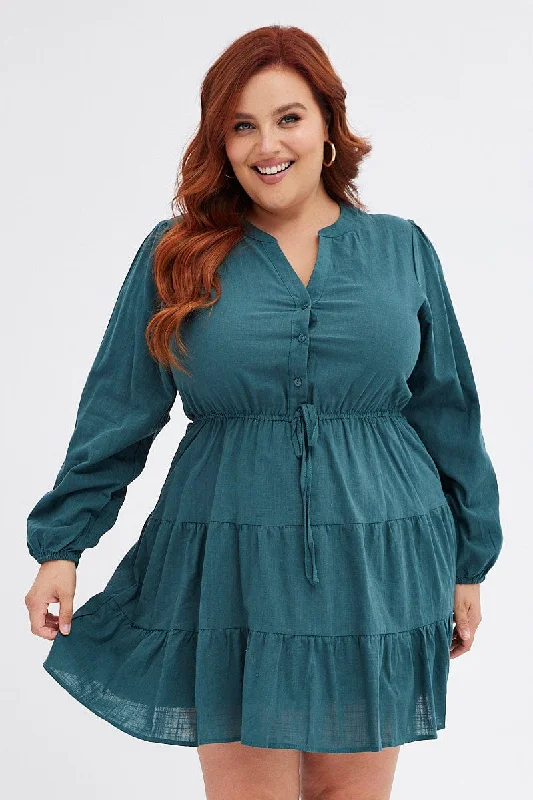 Light-weight Cotton Shirt Dress-Green Shirt Dress Long Sleeve V-neck Tiered