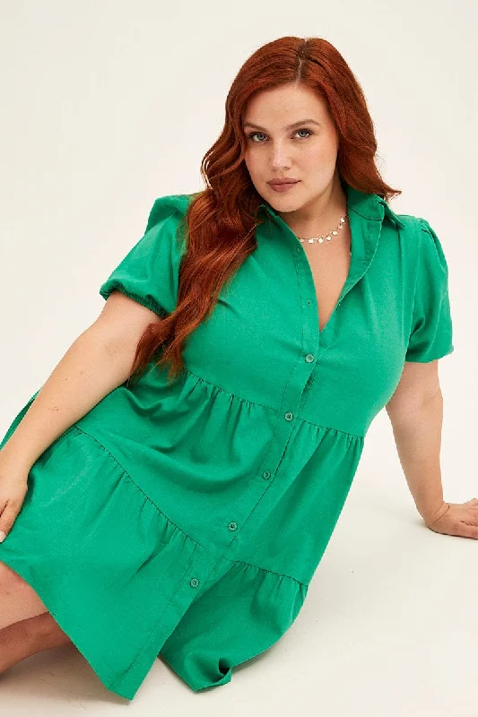 Casual Shirt Dress for Summer-Green Shirt Dress Puff Sleeve Button