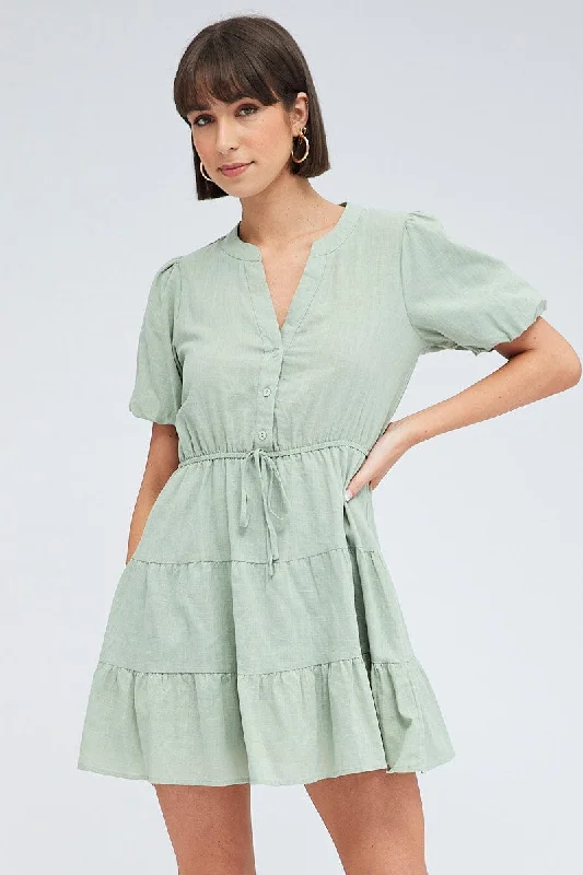 Dressy Button-up Shirt Dress-Green Shirt Dress Short Sleeve Tiered