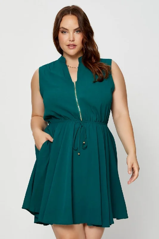 Dress Shirt Dress-Green Shirt Dress V-neck Sleeveless Button