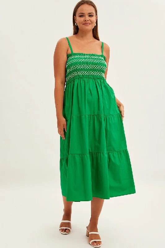 Women's Layered Maxi Dress-Green Strap Tiered Maxi Dress Smocked