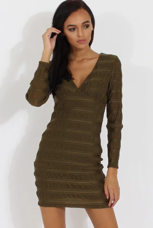 Stretchy Bodycon Dress -Green Textured V Neck Bodycon Dress - Salome