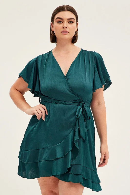 Wrap Dress with Front Slit -White Wrap Dress -Green Wrap Dress Short Sleeve V-neck Satin Wrap Dress with Front Slit -White Wrap Dress -Green Wrap Dress Short Sleeve V-neck Satin
