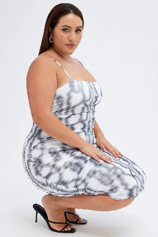 Blue Bodycon Dress -Grey Abstract Bodycon Dress Sleeveless Midi Mesh