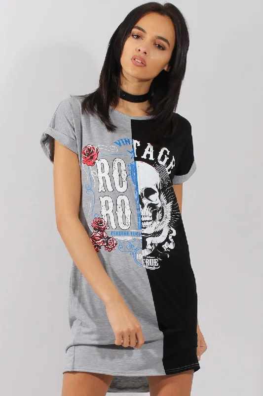 Women's Plaid Shirt Dress with Tie-Grey and Black Slogan Print T-Shirt Dress - Harrlet
