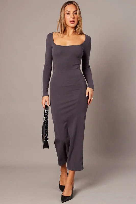 Women's Casual Bodycon Dress for Day Out -Grey Bodycon Dress Long Sleeve