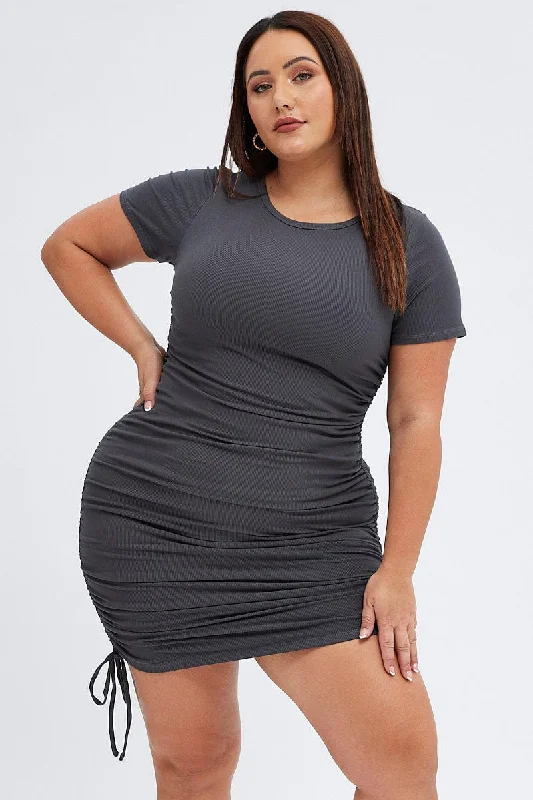 Women's Bodycon Dress -Grey Bodycon Dress Short Sleeve Side Ruched Rib