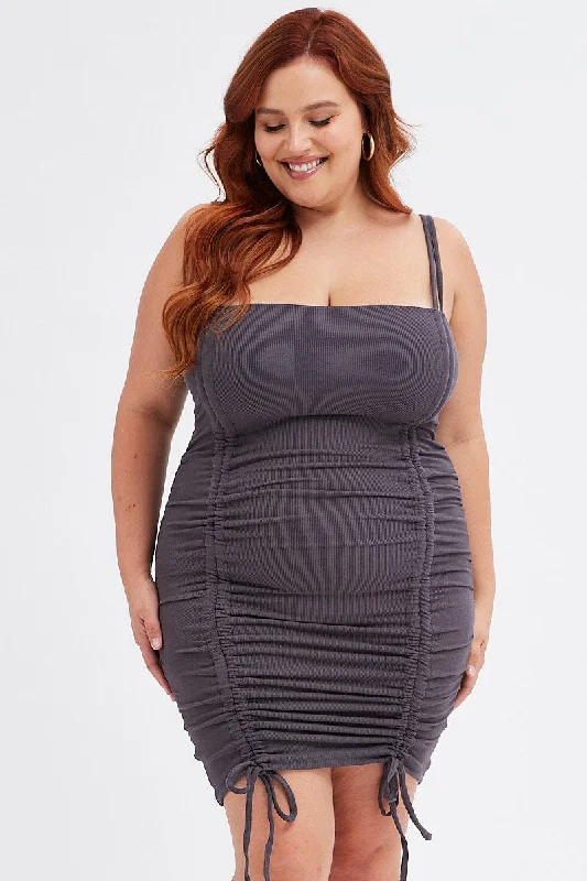 Lace Bodycon Dress -Grey Bodycon Dress Sleeveless Ruched Rib