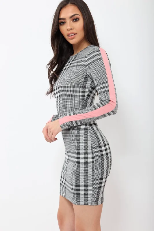 Chic Bodycon Dress -Grey Check Bodycon Dress with Pink Stripe - Jasmine