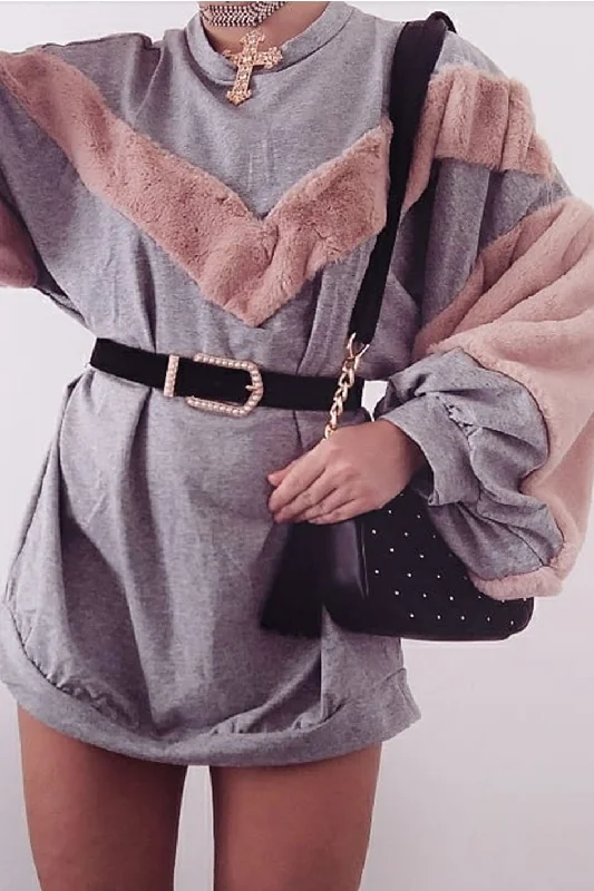 Women's Spaghetti Strap Midi Dress-Grey Chevron Fur Jumper Dress - Esme