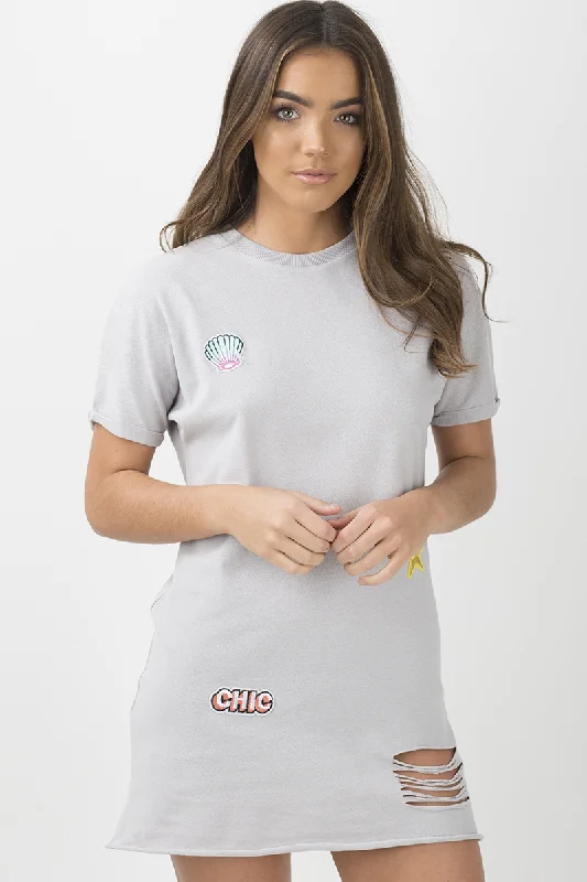 Casual Slim Shirt Dress-Grey Distressed Badge Detail T Shirt Dress - Kalani