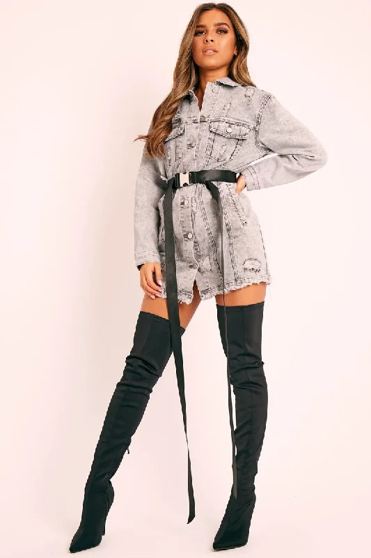 Summer Casual Plaid Shirt Dress-Grey Distressed Long Sleeve Denim Shirt Dress - Jacia