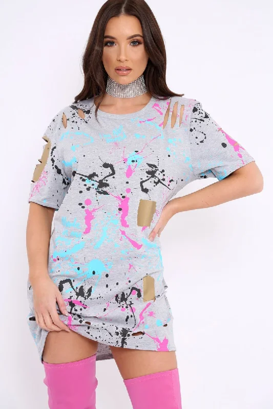 Cotton Shift Shirt Dress-Grey Distressed Paint Splatter T-Shirt Dress - Masa