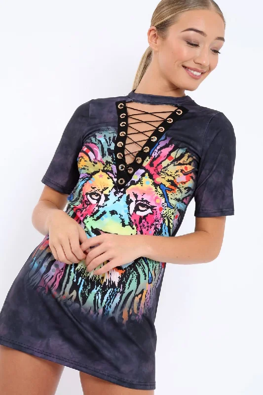 Stretchy Shirt Dress-Grey Graphic Print Lace Up T-shirt Dress - Manda
