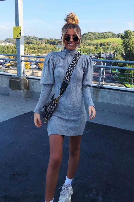 Bodycon Dress for Special Occasion -Grey High Neck Balloon Sleeve Bodycon Jumper Dress - Ginna