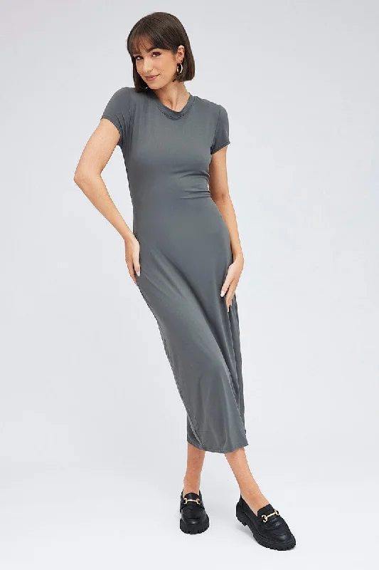 Women's Casual Bodycon Dress -Grey Maxi Dress Short Sleeve Bodycon SuperSoft