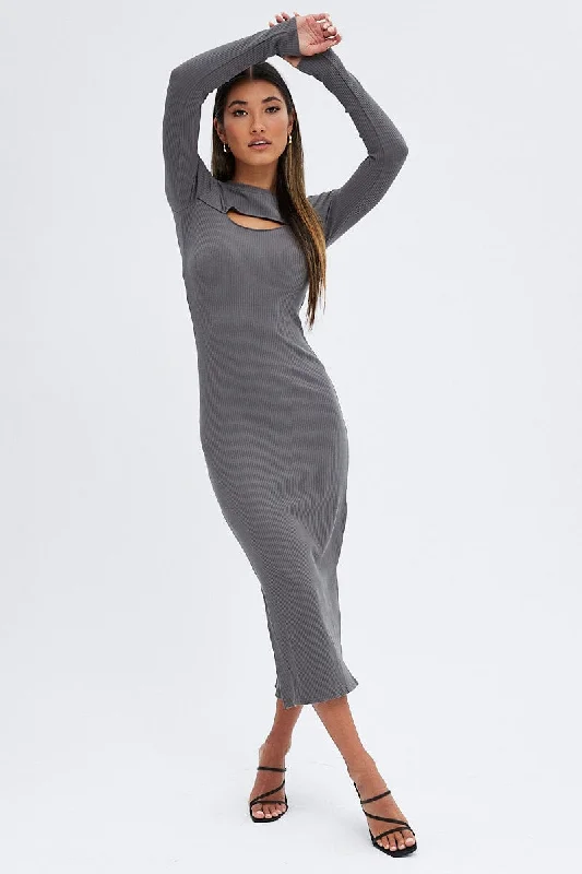 Slim-fit Bodycon Dress -Grey Midi Dress Long Sleeve Mock Neck Cut Out Bodycon