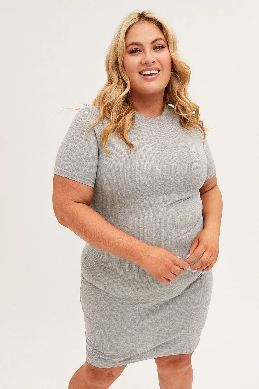 Women's White Off-shoulder Bodycon Dress -Grey Midi Dress Short Sleeve Rib Jersey Bodycon
