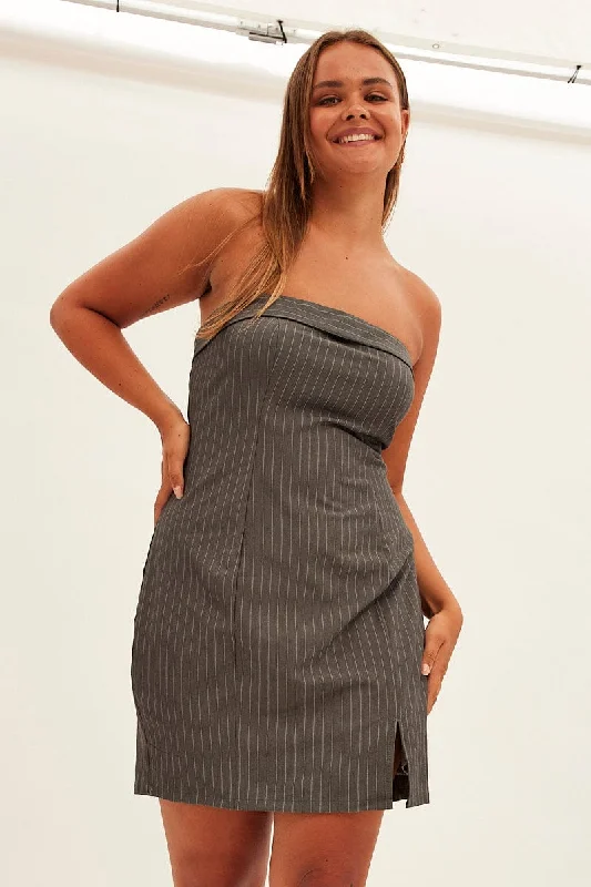 Summer Sleeveless Bodycon Dress -Grey Stripe Bodycon Dress Strapless