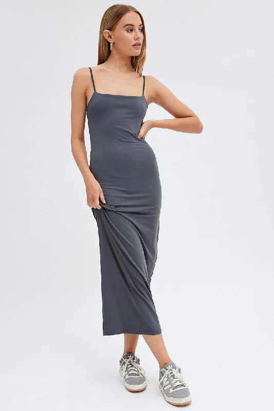 Bodycon Dress with High Slit -Grey Supersoft Bodycon Maxi Dress