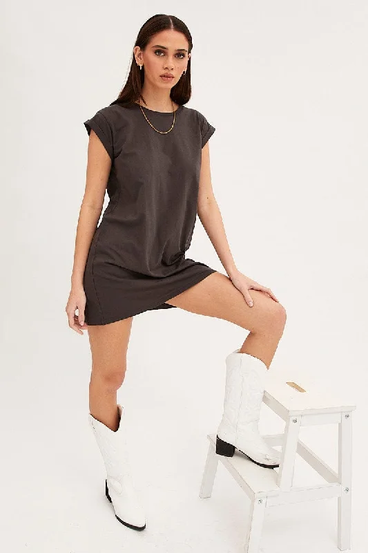 Casual Summer Shirt Dress-Grey T-Shirt Dress Crew Short Sleeve Graphic