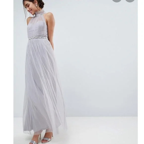 Women's Halter Neck Floral Maxi Dress-Grey tulle maxi dress uk 6