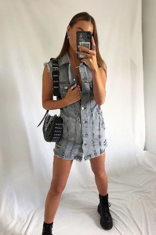 Belted Black Shirt Dress-Grey Wash Distressed Sleeveless Denim Shirt Dress - Idaliz