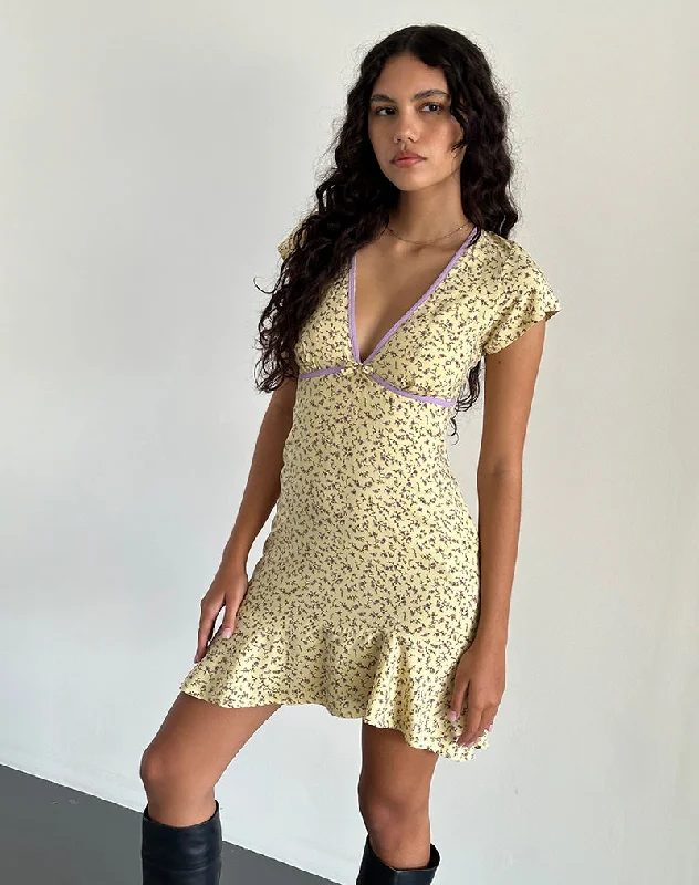 Women's Hot Pink Mini Dress-Gysele Mini Dress in Flowing Flower Yellow
